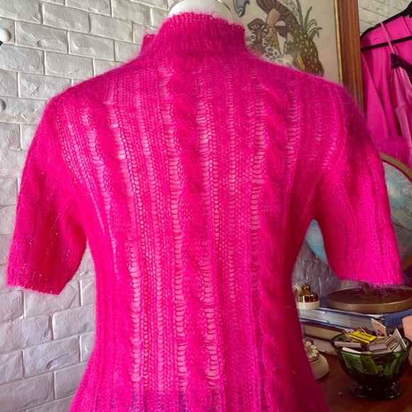 NWT Anthropologie Pink Fuzzy Mohair Blend Open Weave Knit Short Sleeve Sweater - Picture 9 of 13